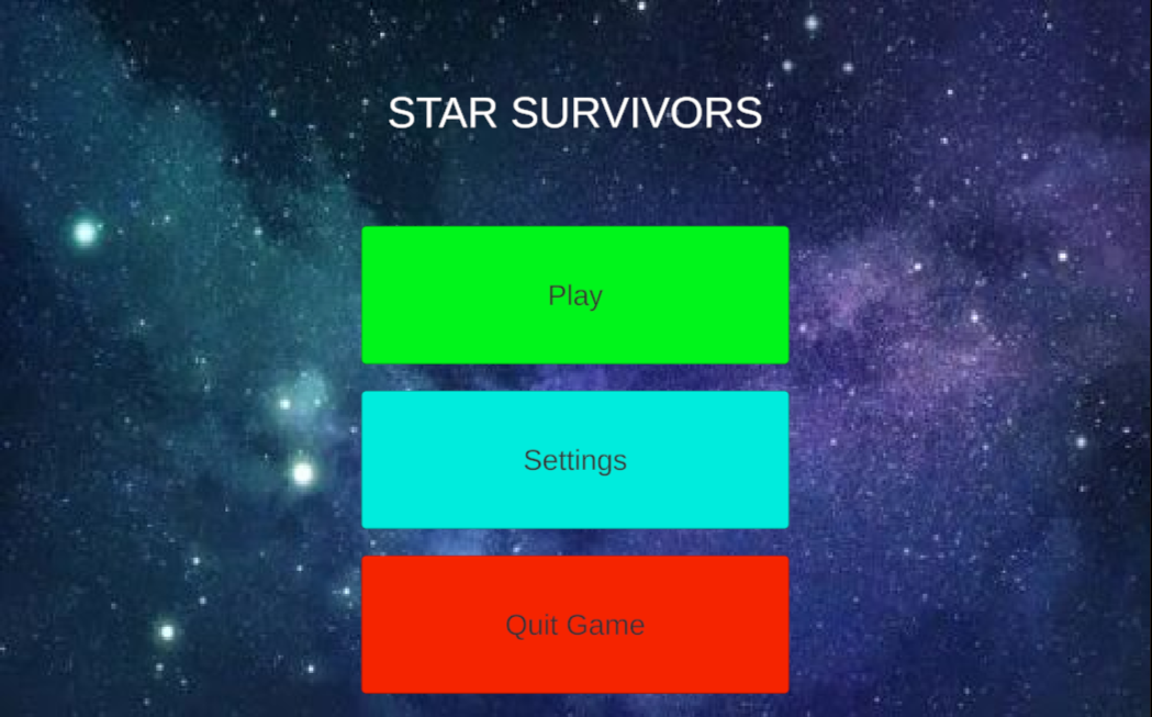 The main menu for Star Survivors.